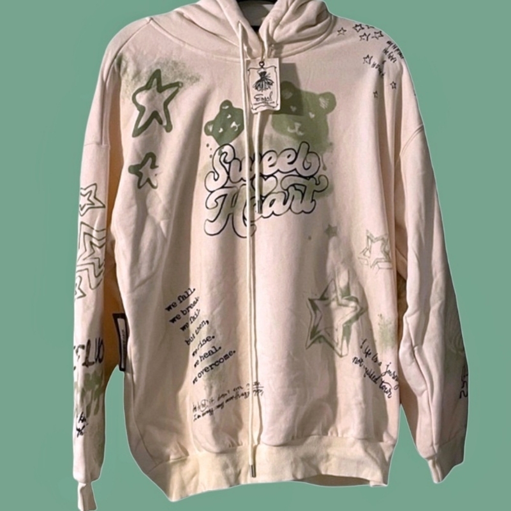 Easel Sweet Heart Hoodie - Cream And Green